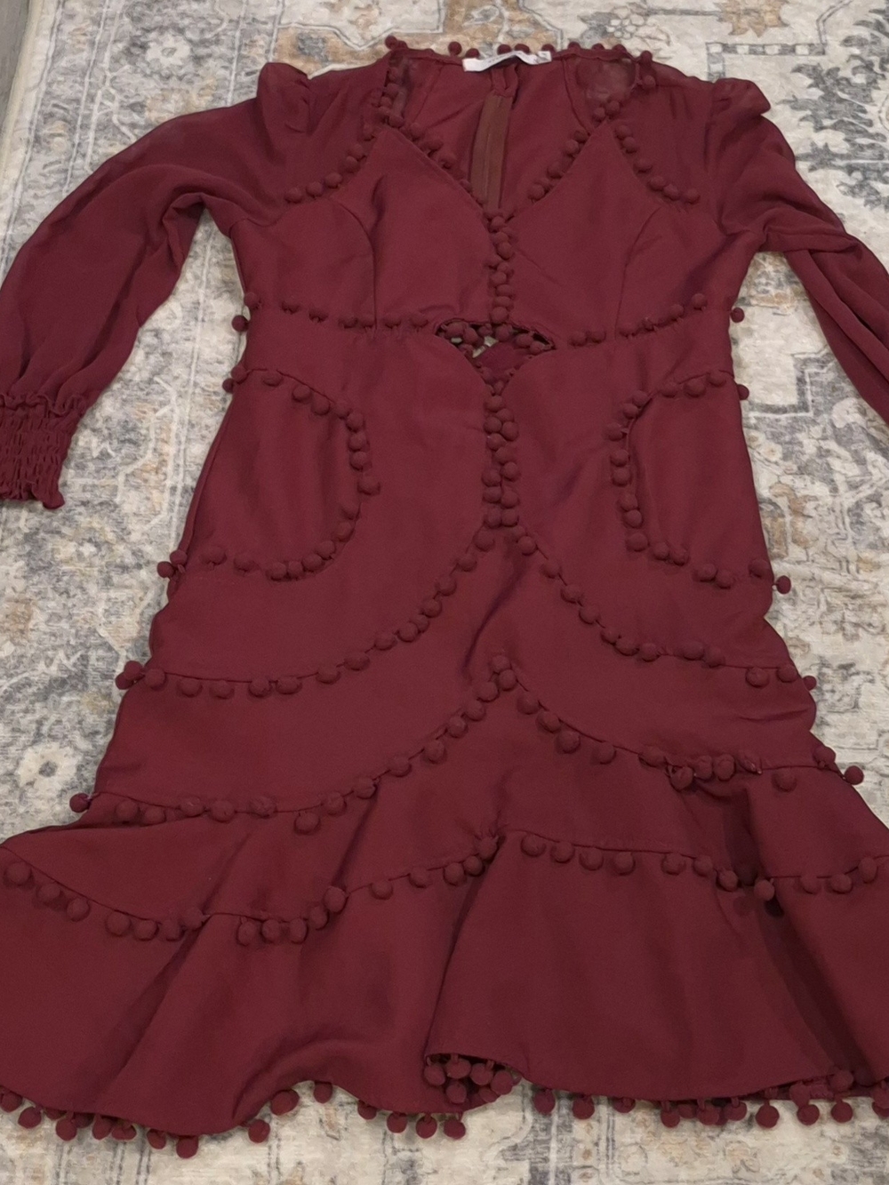 Avantlook Burgundy Long-Sleeve Pom-Trim Dress